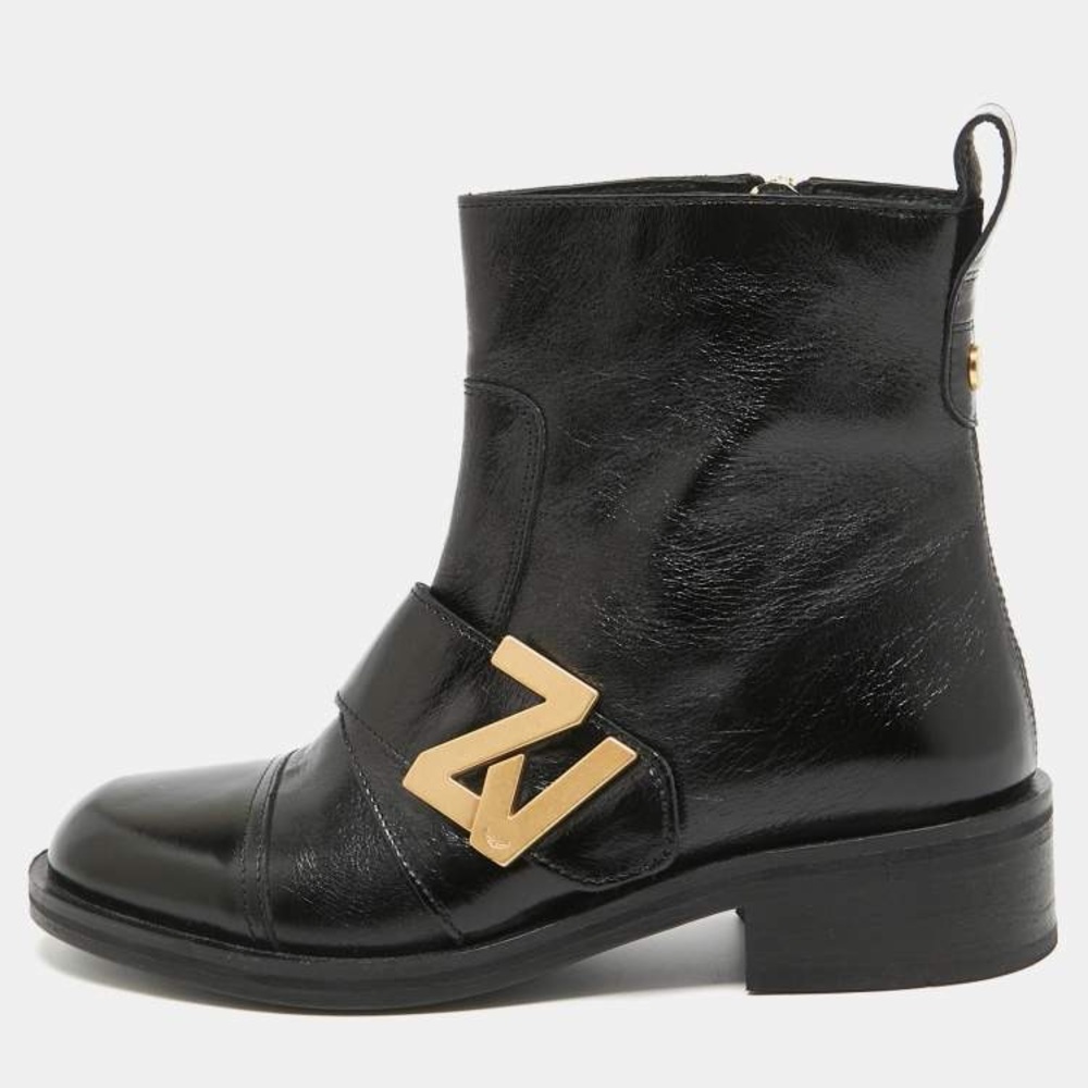 Zadig & Voltaire Black Leather Combat Ankle Boots with Gold Accent
